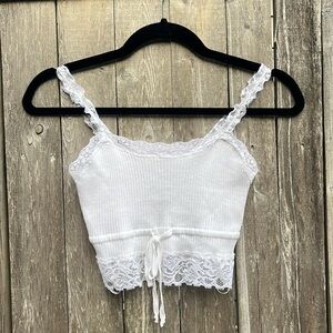 GARAGE White Ribbed Lace Tie Front Crop Tank,XS